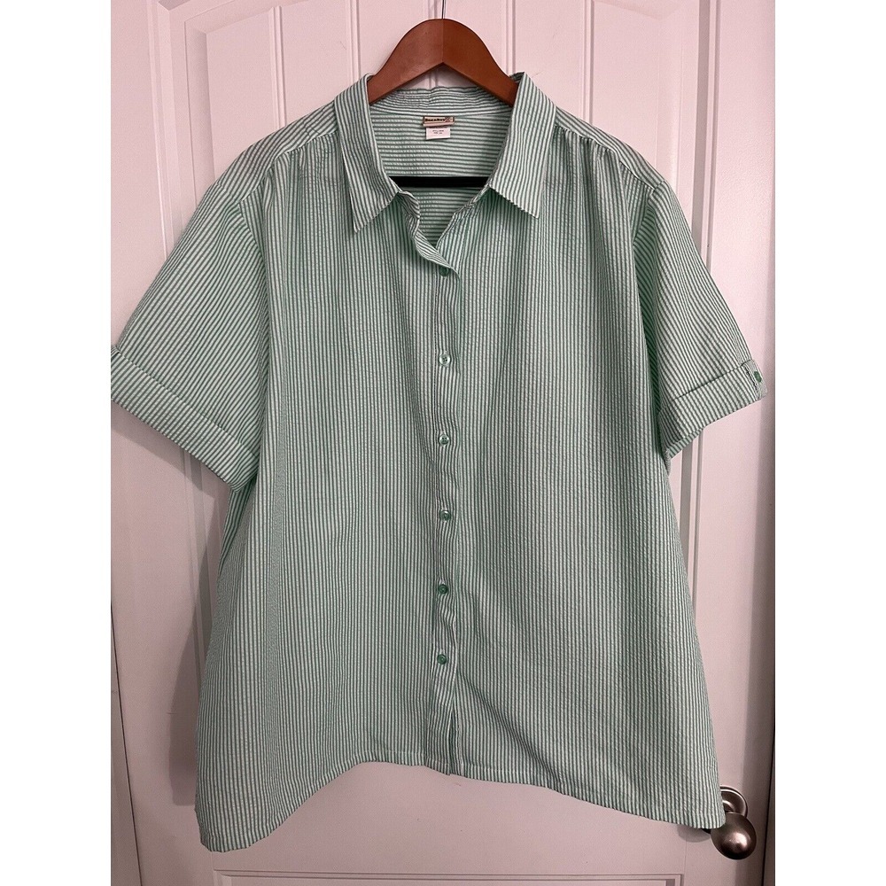 Vtg Boca Bay Seersucker Striped Button Down Shirt Womens XXL Green 107